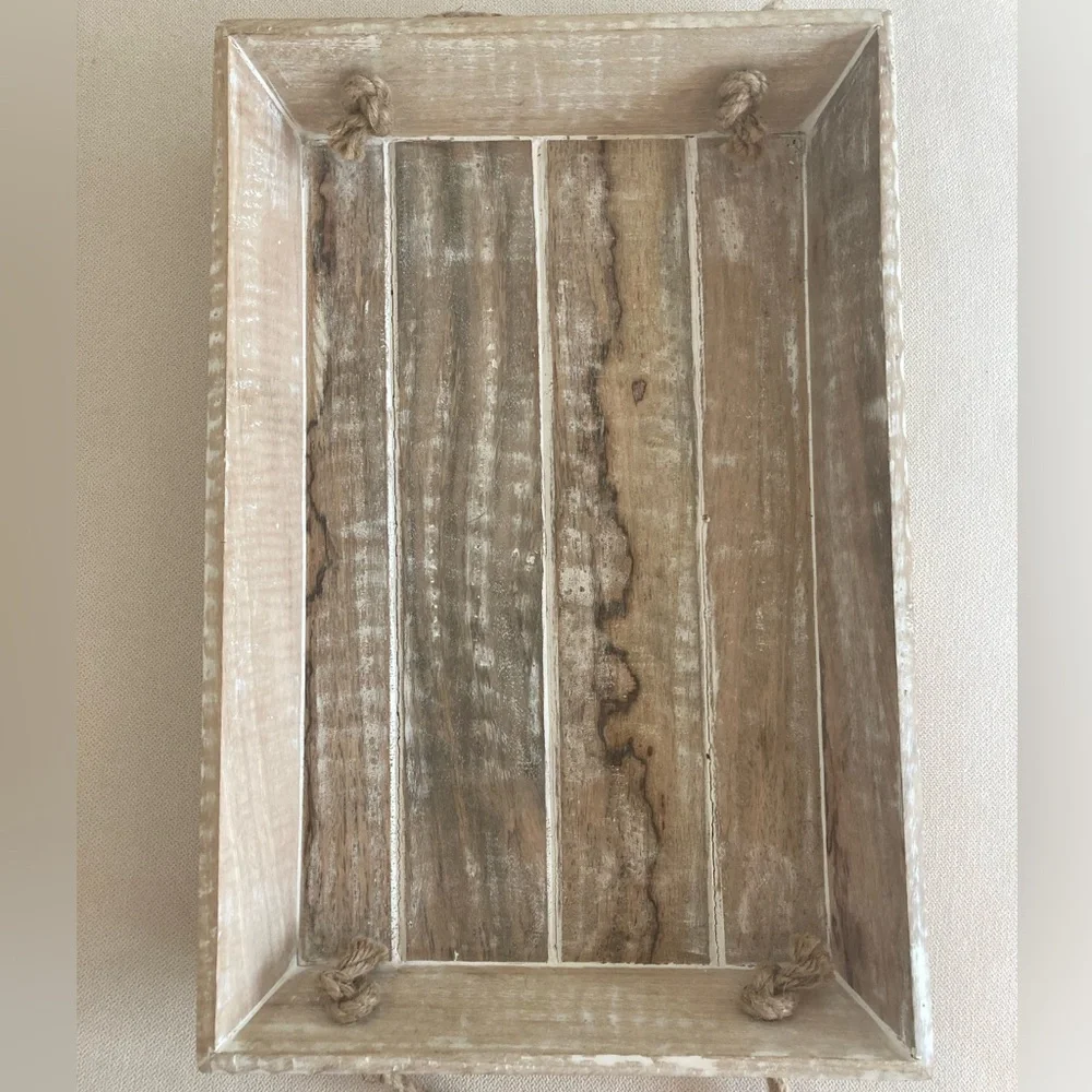 2 Solid Wood Rustic Wooden Tray Set With Rope Handles Beach Decor Farmhouse Boho